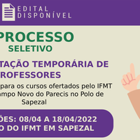 Prefeitura de Sapezal lança seletivo para contratação de professor para cursos ofertados pelo IFMT de Campo Novo do Parecis – Polo Sapezal